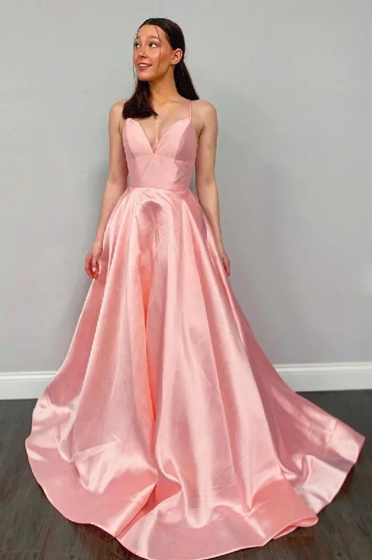 Women's Plus-Size Attire Modern Glamour Simple pink v neck satin long prom dress pink evening dress   cg13448