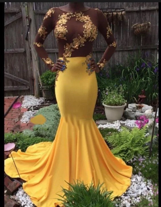 Affordable Women's Outfit Modern Romance Simple Prom Dress, Long Sleeve Yellow Mermaid Satin Prom Dresses    cg20395