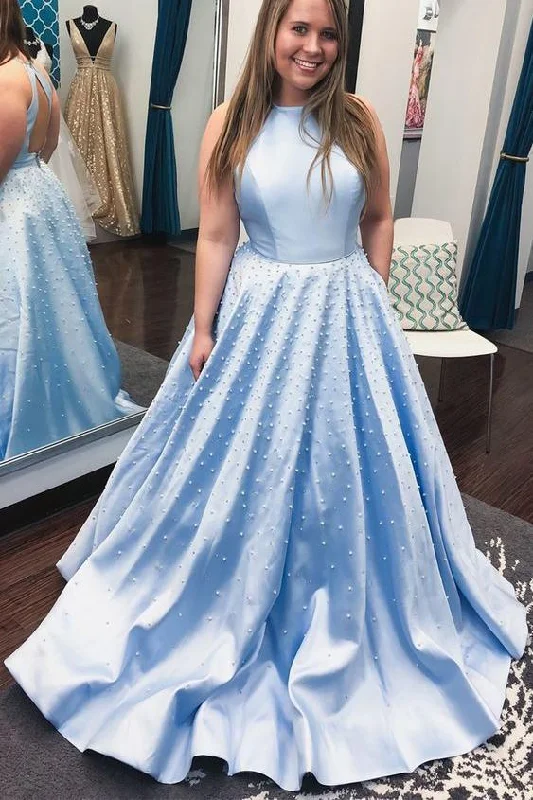 Women's Professional Clothes Elevated Style Light Blue Jewel Open Back Long Prom Dresses with Pearls A Line Sleeveless Formal Dresses N2576