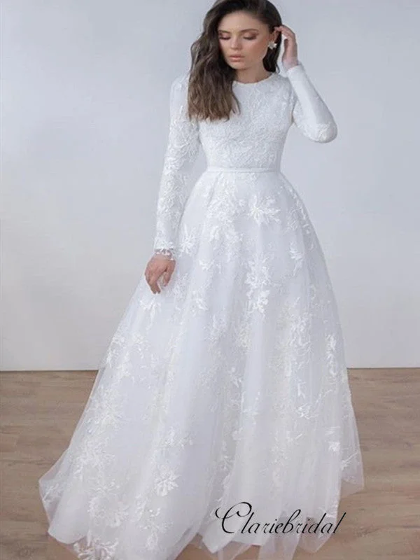 Elegant Women's Evening Garments Minimalist Elegant Newest Popular Lace Long Sleeves A-line Wedding Dresses