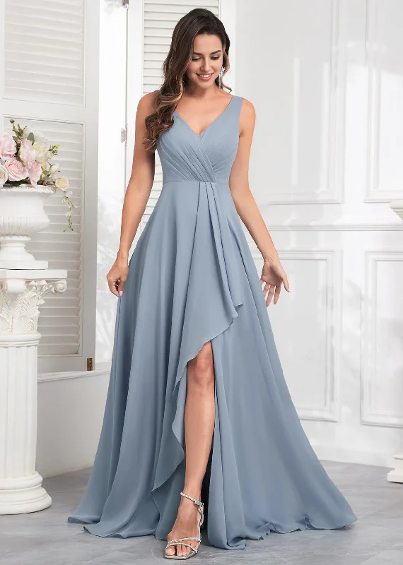 Timeless Women's Clothing Effortless Grace Prom Dress Ruffle Bridesmaid Dresses Long Slit Chiffon Pleated Evening Dress Wedding Guest Dresses Formal Wear Dresses