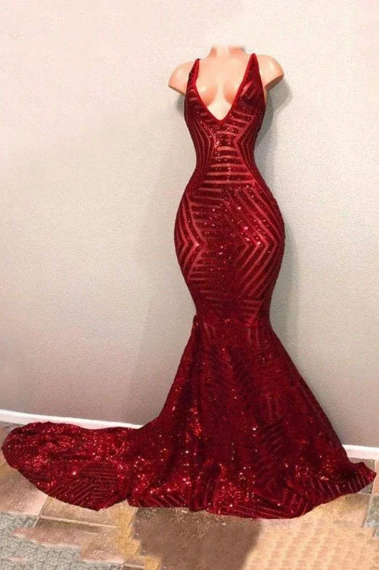 Plus-Size Women's Clothing Holiday Sale Red Sequins Glitter V-neck Sleeveless Mermaid Prom Dresses Y953