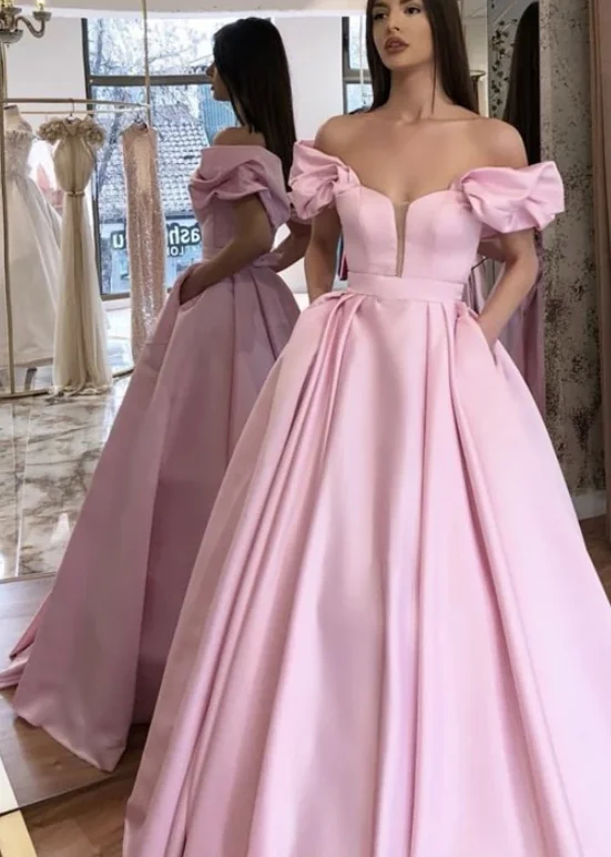 Women's Fashionable Clothing Sets Graceful Cut Long Satin Prom Dress Pink ball gown off shoulder cg4203