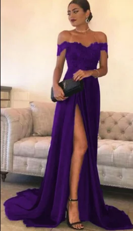 Women's Party Outfit Luxe Layering Sexy Leg Slit Long Satin Sweetheart Prom Dresses Lace Off The Shoulder Evening Gowns cg2208