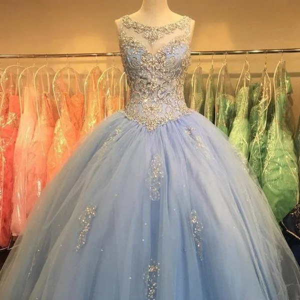 Women's Versatile Apparel Chic Sophistication Blue Ball Gown Quinceanera Dress Sweet 16 years party gown prom dresses Boat neck