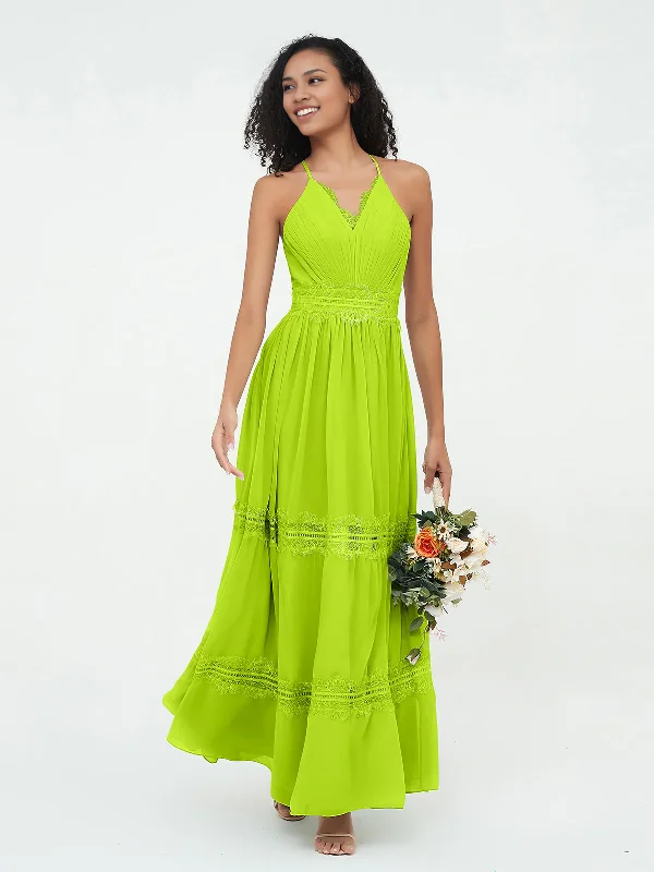 Stylish Women's Outfit Flash Deals Lace and Chiffon Tiered Skirt Boho Dresses-Lime Green Bridesmaid Dresses