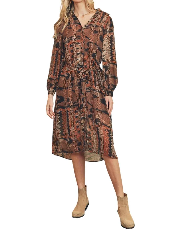 Luxury Women's Clothing Luxury Style Fall Through Shirt Dress In Indigo & Tan