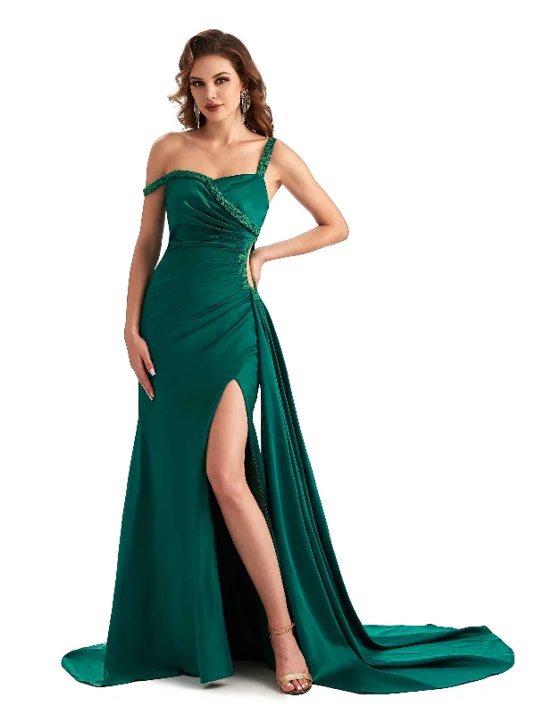 Women's Travel Attire Feminine Allure Sexy Side Slit Mermaid Silky Satin One Shoulder Modern Bridesmaid Dresses Online