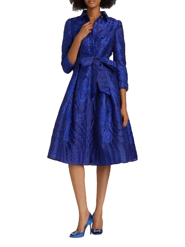 Women's Athleisure Apparel Mid - Season Sale Metallic Tonal Jacquard Shirt Dress In Royal Blue