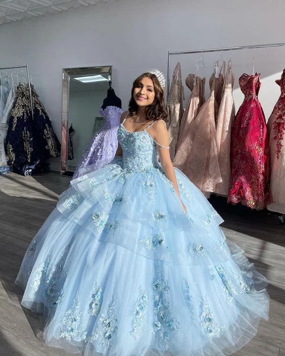 Women's Athletic Clothes Flowing Silhouette Blue Tulle Appliques Puff Prom Dress Quinceanera Dress Ball Gown SH1097