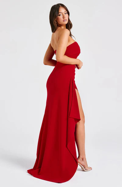 Women's Evening Wear Attire Modern Romance Classic maxi dress perfect fit off the shoulder neckline pleated slit drape red bridesmaid dress