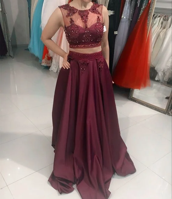 Women's Cozy Clothes Romantic Flair Burgundy prom dresses satin long formal two piece gowns    cg20754