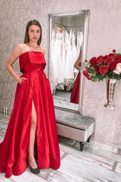 Comfortable Lounge Clothing Discounts on Casual Weekend Styles Red Satin Evening Dresses Strapless A-Line Formal Party Dress Prom Dresses    cg16940