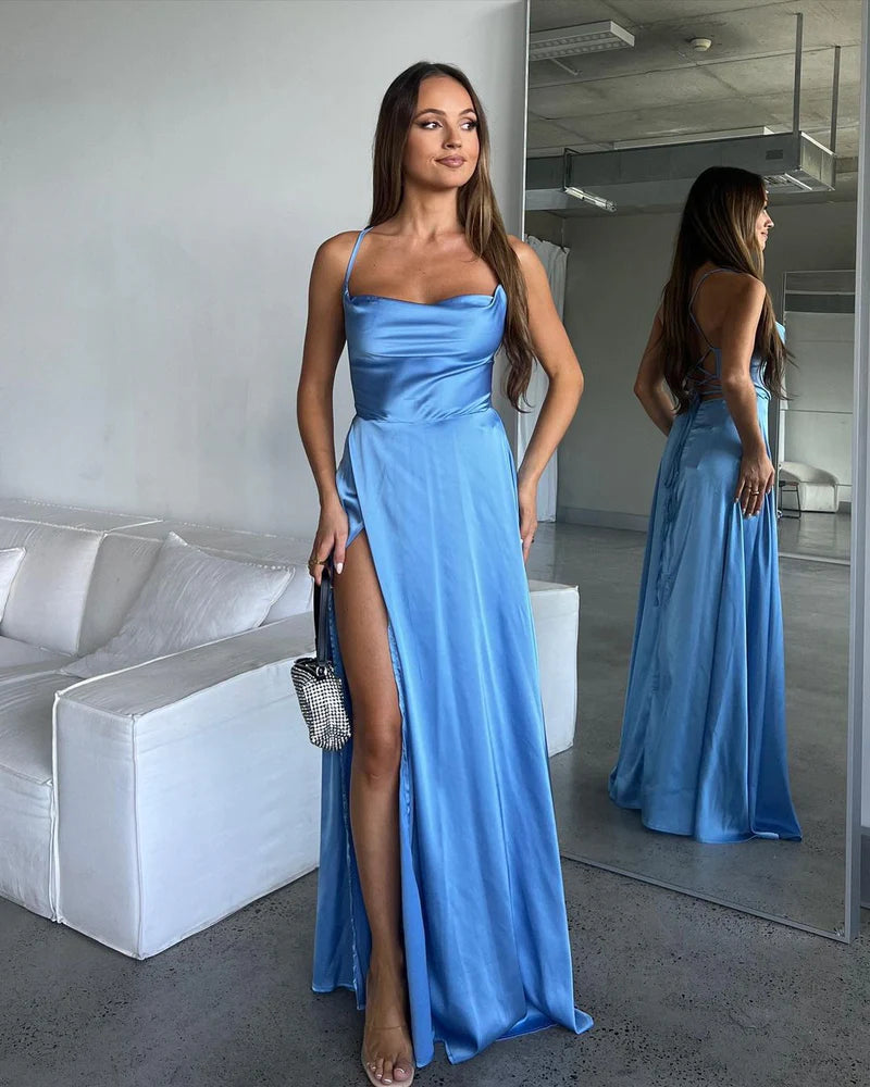 Women's Cozy Outfit For Lounging Early Access to Art Deco Styles Sale A Line Cowl Neck Blue Silk Saitn Bridesmaid Dresses with Slit