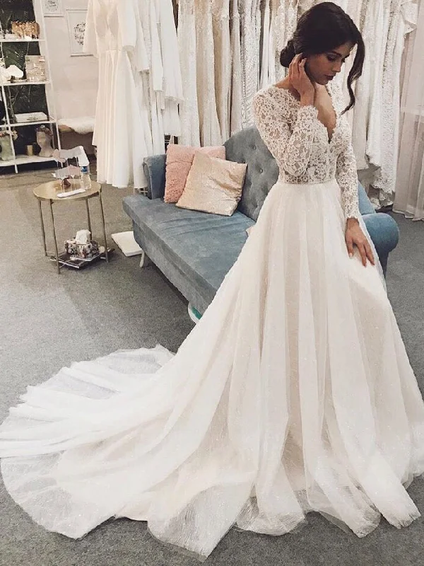 Luxury Women's Clothes Mid - Season Sale V-neck Lace Top Long Wedding Dresses, Long Sleeves Wedding Dresses, Bridal Gown