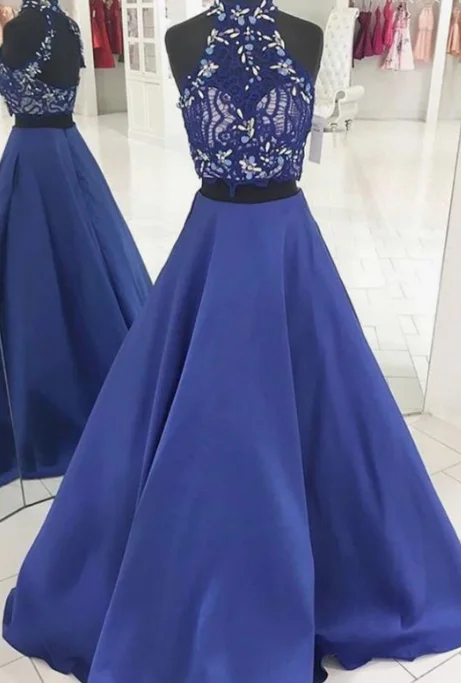 Women's Clothing For Outdoor Events Polished Finish Royal Blue Prom Dresses,Satin Two Piece Prom Dress cg3952