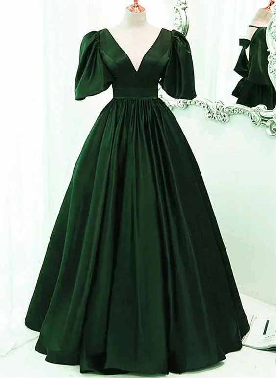 Women's Evening Clothes Graceful Cut Green Satin Short Sleeves Long Party Dress, Green Floor Length Evening Dress Prom Dress   cg25042