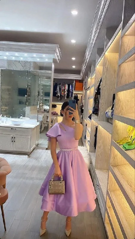 Comfortable Outfit For Women Feminine Charm Sexy Ball Gown One Shoulder Pink Satin Sleeveless Prom Dress C1226