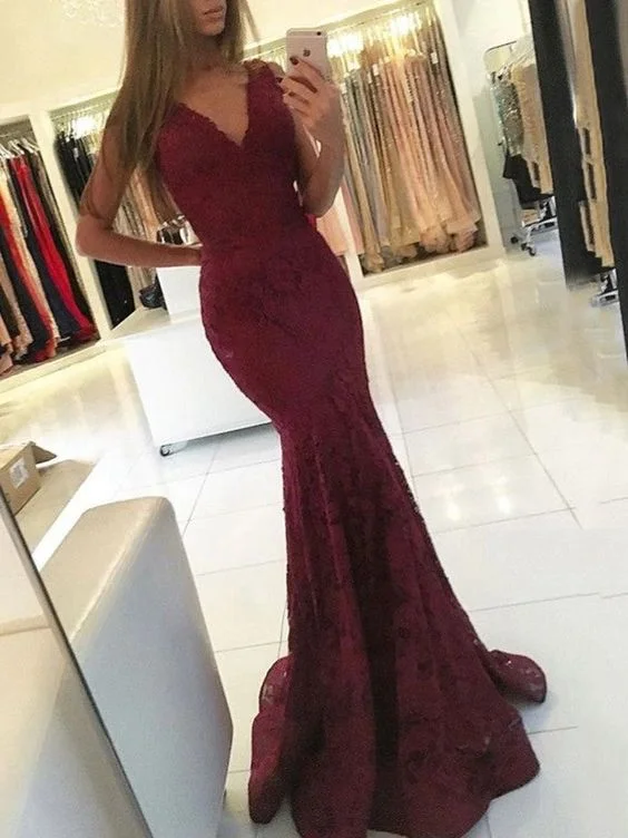 Women's Fashion-Forward Apparel End - of - Month Blowout Sexy Mermaid Burgundy V Neck Lace Sleeveless Long Prom Dress Y1548