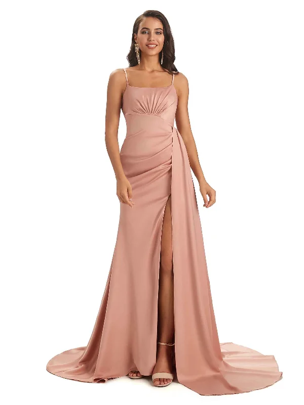 Women's Plus-Size Garments Effortless Comfort Soft Satin Side Slit Spaghetti Straps Sexy Unique Bridesmaid Dresses Online