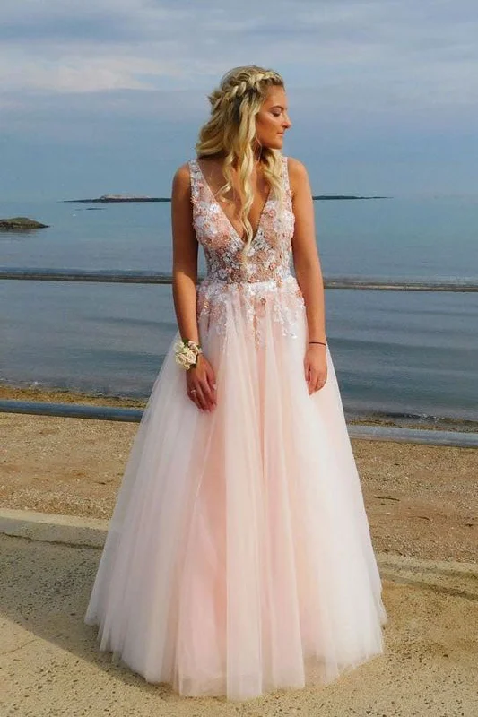 Women's Comfortable Clothes For Weekends Flowy Fabric A Line Deep V-Neck Sleeveless Tulle Prom Dress with Appliques N2673