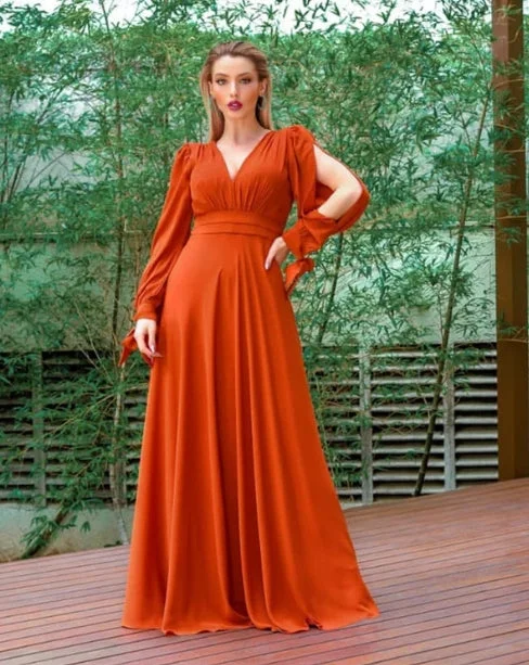 Women's Plus-Size Outfit Urban Sophistication A-Line V-Neck Burnt Orange Bridesmaid Dresses Cold Sleeves Floor-length Dress