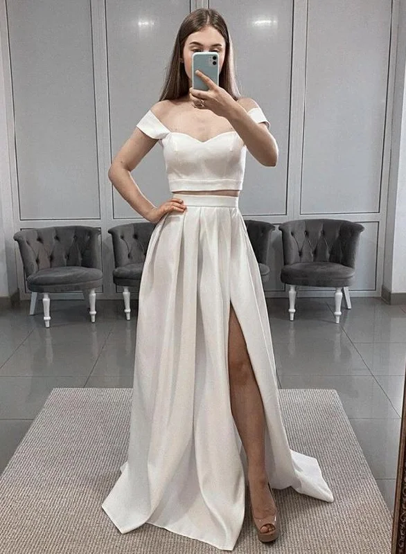 Sustainable Women's Clothes Feminine Grace White satin long prom dress two pieces evening dress   cg14343