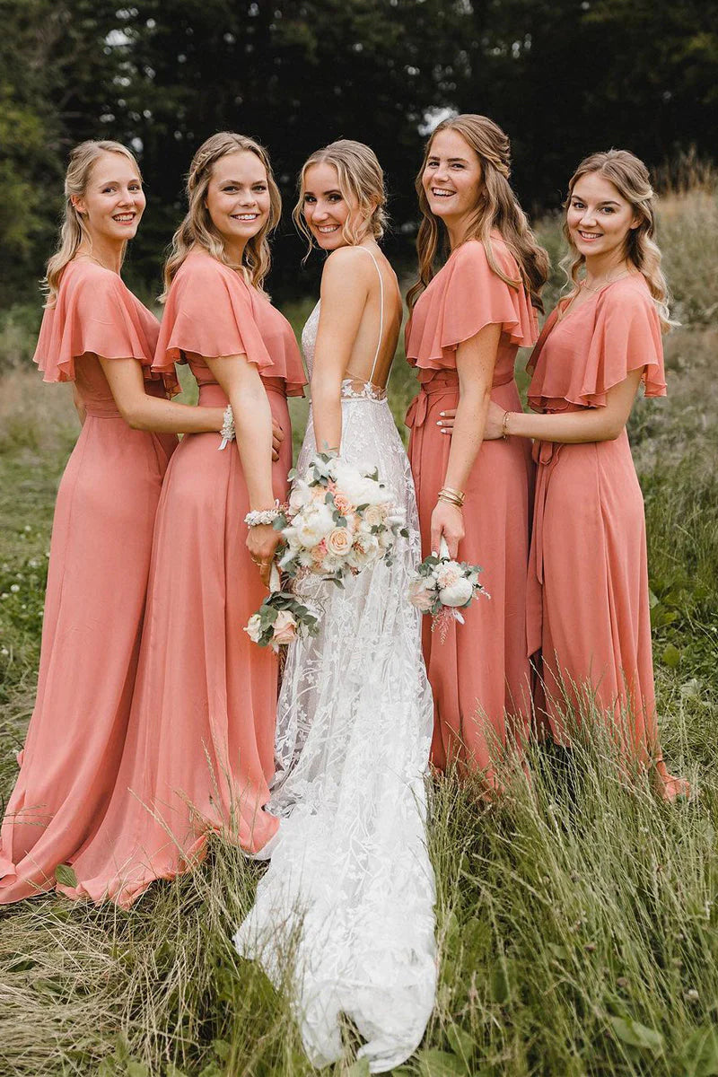 Women's Date Night Outfit Discounts on Casual Weekend Styles Simple A-Line Coral Chiffon Long Bridesmaid Dresses