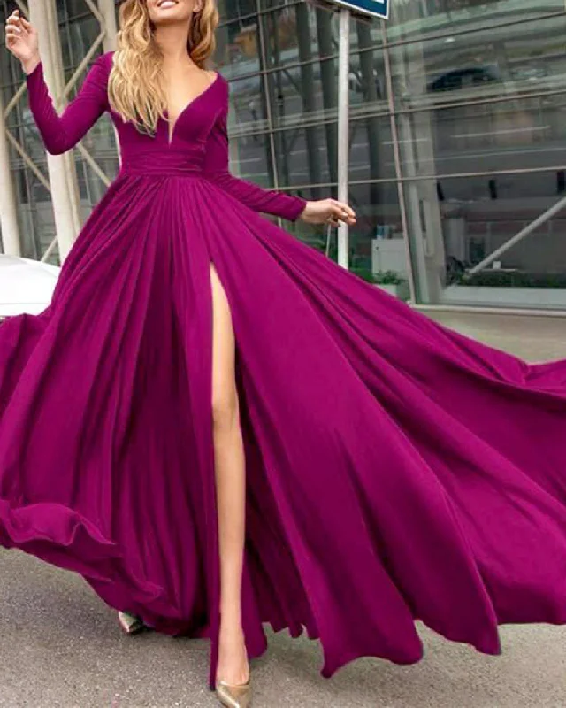 Women's Clothes And Apparel Now on Sale for Chic Urban Styles Long Sleeves Fuchsia Pink Evening Dresses Women Party Gown wilt Long Sleeves PL547