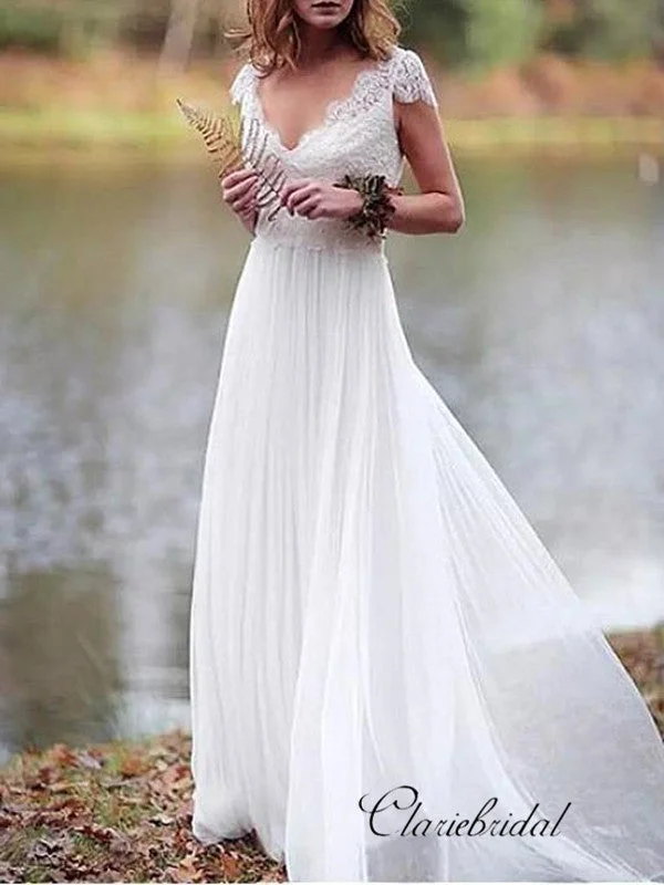 Casual Attire For Women Timeless Elegant Cap Sleeves V-neck Summer Wedding Dresses, Newest Popular Lace Wedding Dresses