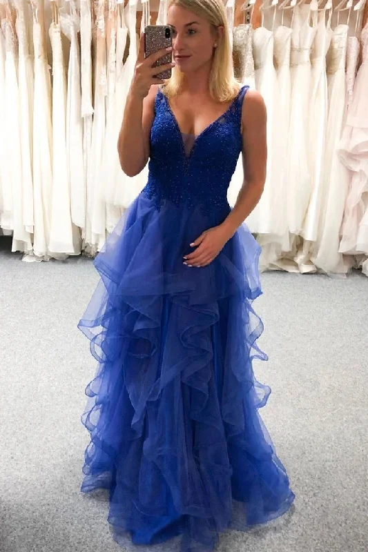 Women's Fashion Clothes Luxe Layering Blue V-Neck Sleeveless Tulle Prom Dresses with Ruffles Floor Length Beading Formal Dresses N2643