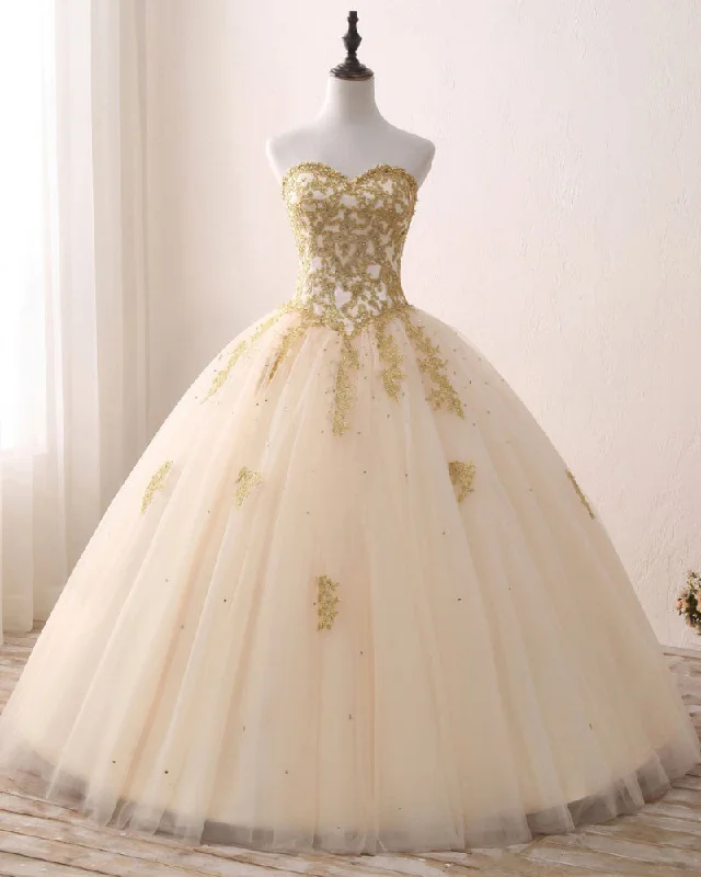 Women's Trendy Activewear Apparel Minimalist Elegant Princess Sweetheart Champagne Ball Gown Sweet 16 Dress Quinceanera Prom Gown with Gold Lace LP1224