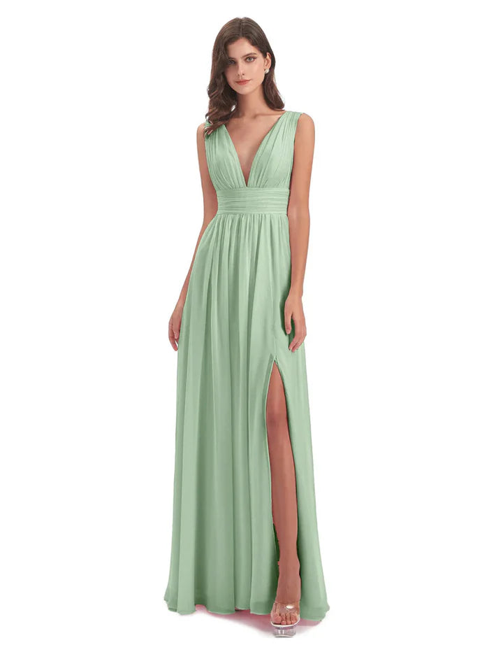 Women's Clothing Modern Glamour A-Line Floor Length Deep V Neck Chiffon Bridesmaid Dresses With Slit