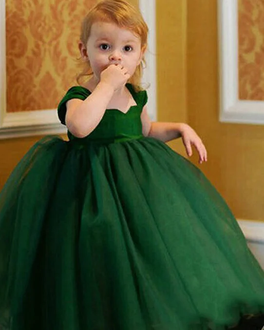 Women's High-End Clothing Polished Finish Princess Dark green Ball Gown Baby Flower Girl Dress ,Kids Party Dress with Straps ,Pageant Formal Gown for Little Girl PL01030