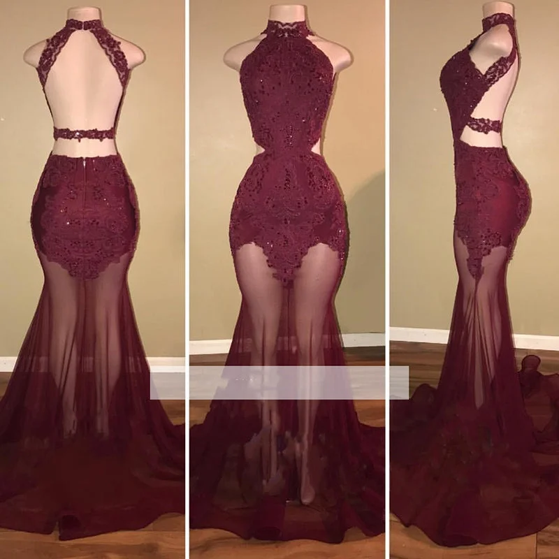 Women's Plus-Size Apparel Classic Charm new Wine Red Mermaid See Through Halter Prom Dress Sexy African Formal Gown LT125