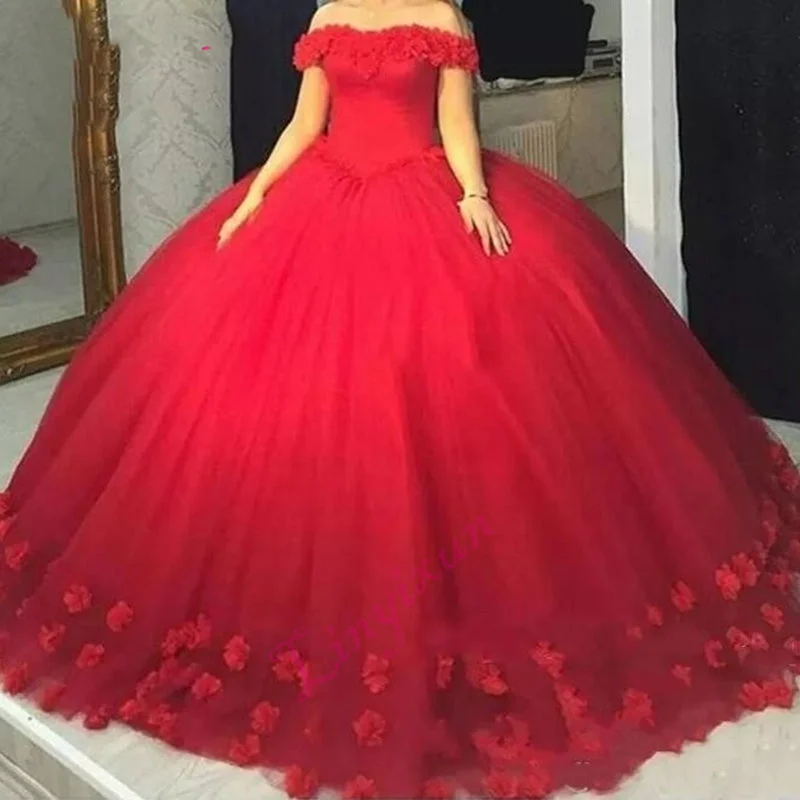 Women's Outfit Urban Sophistication Romantic Red Quinceanera Dress With Handmade Flowers Ball Gown Prom Gown  vestidos de 15 anos