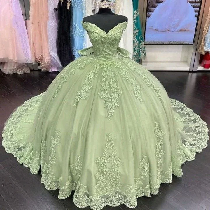 Women's Plus-Size Clothes Seasonal Trend Sage Green Princess Quinceanera Dress Ball Gown Applique Off Shoulder Sweet 16 Prom Dress SH1135