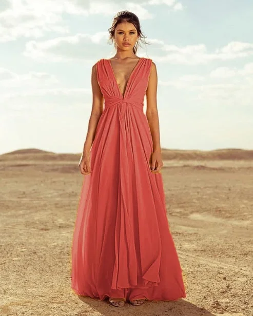 Women's Formal Event Outfit Romantic Flair A-Line  Long Plunging Neckline Chiffon Bridesmaid Dresses