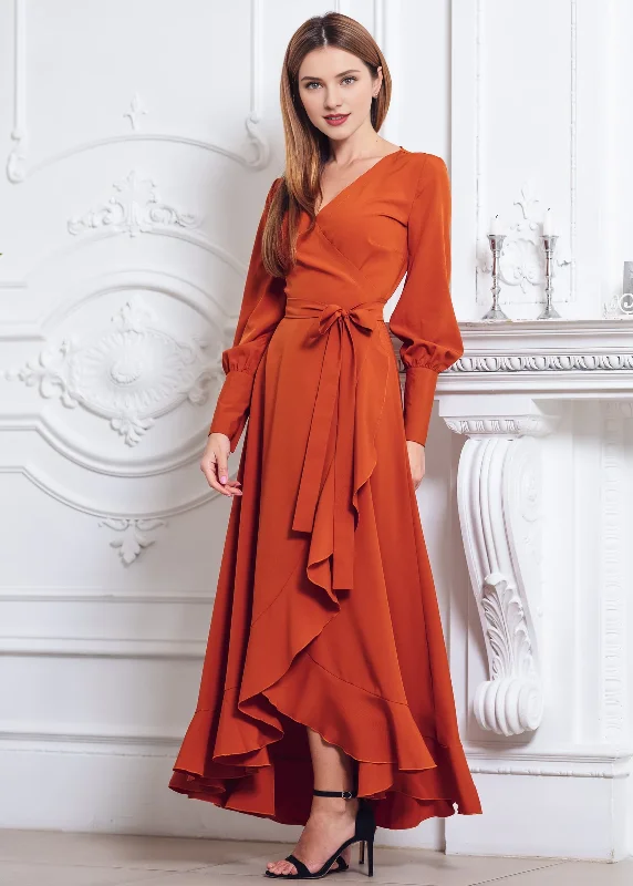 Women's Office Outfit Buy More, Save More Rust Orange Long Sleeves Wrap Dress Maxi Bridesmaid Dress Cocktail Dress Wedding Guest Dress