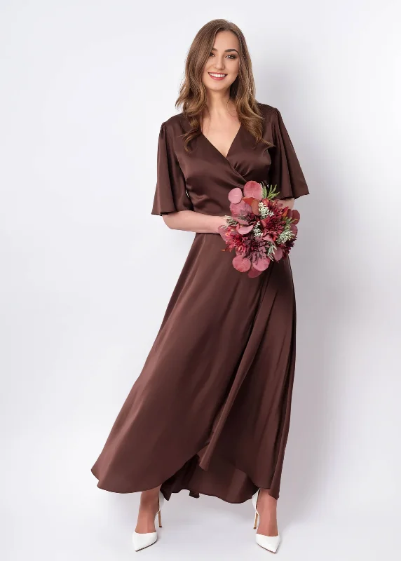 Women's Active Outfit For Fitness Score Big on Glamorous Red - Carpet Styles Choсolate Brown V-Neck Silk Dress Wrap Dress Bridesmaid Dress Wedding Guest Dress