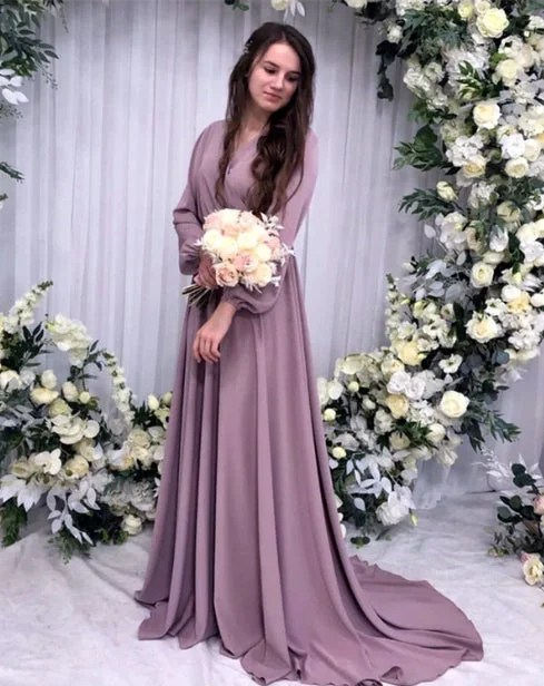 Modern Women's Outfit Polished Finish Mauve Bridesmaid Dresses Long Sleeves V Neck With Sweep Train