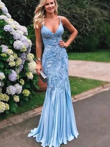 Women's Clothing Outfit Set Feminine Grace Pale Blue Soft Satin Applique Beading Mermaid Spaghetti Strap Prom Dresses cg989