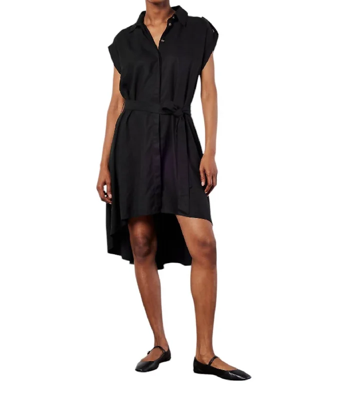 Luxury Women's Clothes Elegant Details High Low Shirt Dress With Shoulder Plackets In Black