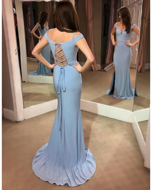 Women's Vintage Clothes Clearance Event Gorgeous Light Blue Cold Shoulder Fitted Long Prom Dresses Long Evening Party Gown