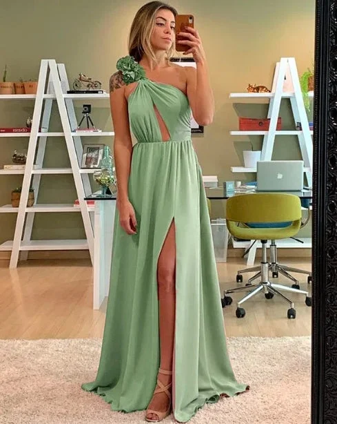 Women's Plus-Size Outfit Bohemian Vibe A-Line One Shoulder Keyhole Bridesmaid Dresses Chiffon Split With Flowers