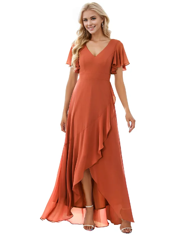 Women's Vintage-Inspired Clothing Romantic Flair Formal Wear Dresses Bridesmaid Dresses A Line V Neck Ruffle High Low Chiffon Elegant Simple Wedding Guest Dresses