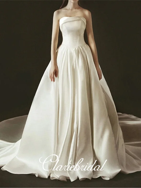 Stylish Women's Outfit Limited - Time Bundle Strapless Ivory Satin Wedding Dresses, Long Wedding Dresses, Bridal Gown, Elegant Wedding Dresses