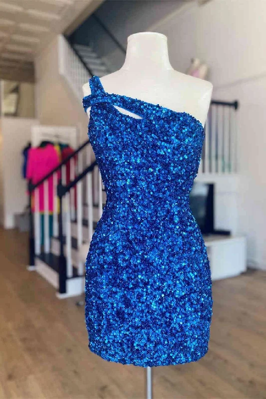 Women's Trendy Casual Outfit Limited Quantities One Shoulder Blue Sequined Bodycon Homecoming Dress