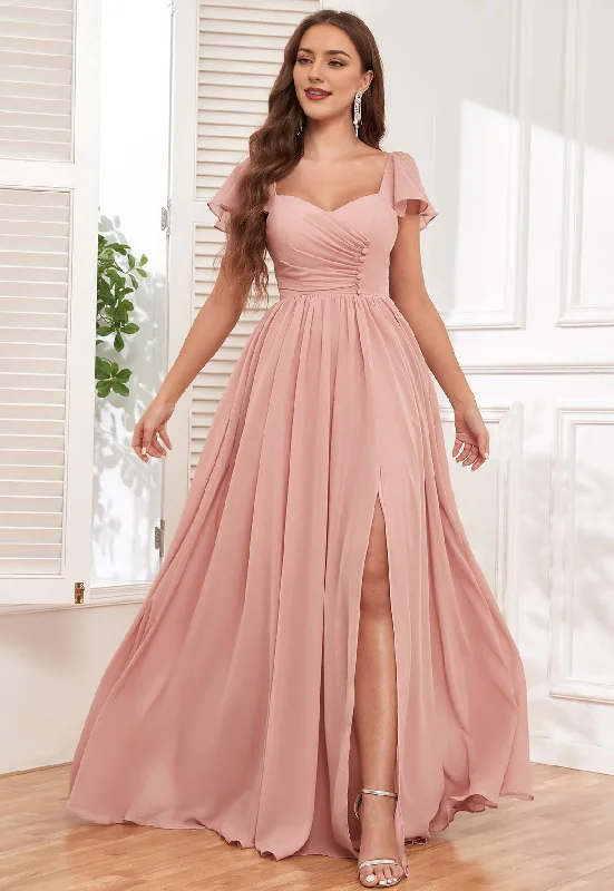 Trendy Athleisure Clothing For Women Bohemian Vibe Prom Dress Short Sleeve Bridesmaid Dresses Side Fork Chiffon Ruched Long Evening Gown Wedding Guest Dresses Formal Wear Dresses