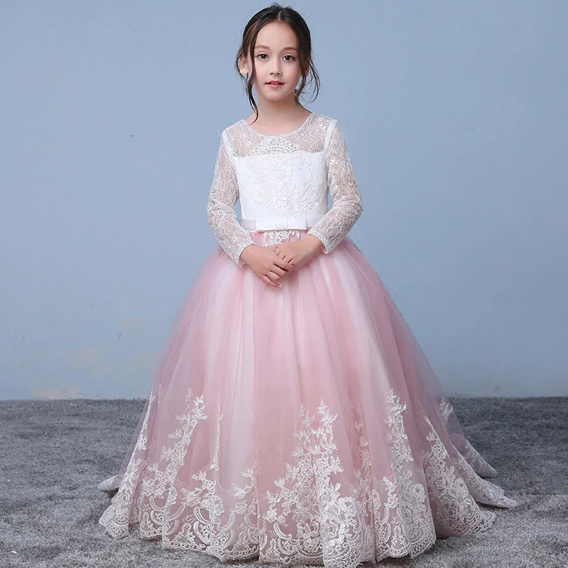 Women's Evening Outfit Modern Romance Pink/Whit Lace Flower Girl Dress with Long Sleeves Child Party Communion Gown